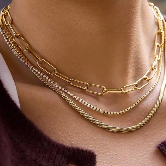 Anthropologie Jewelry - New Layered Gold Plated Chain Necklace Set With Link, Cz, Snake Chains  | NWOT